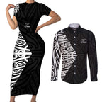 New Zealand Silver Fern Rugby Custom Couples Matching Short Sleeve Bodycon Dress and Long Sleeve Button Shirt Maori Koru Go Black Fern - Aussie Hoodie