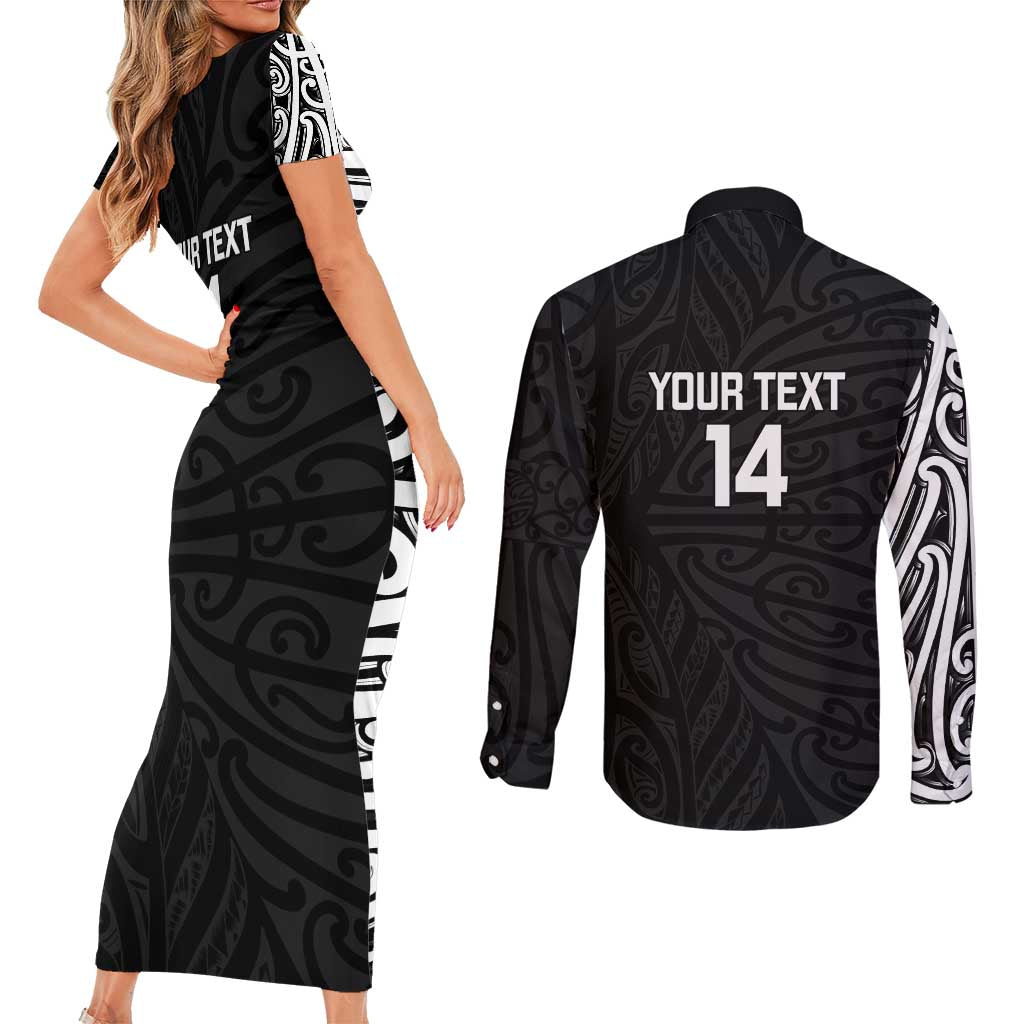 New Zealand Silver Fern Rugby Custom Couples Matching Short Sleeve Bodycon Dress and Long Sleeve Button Shirt Maori Koru Go Black Fern - Aussie Hoodie