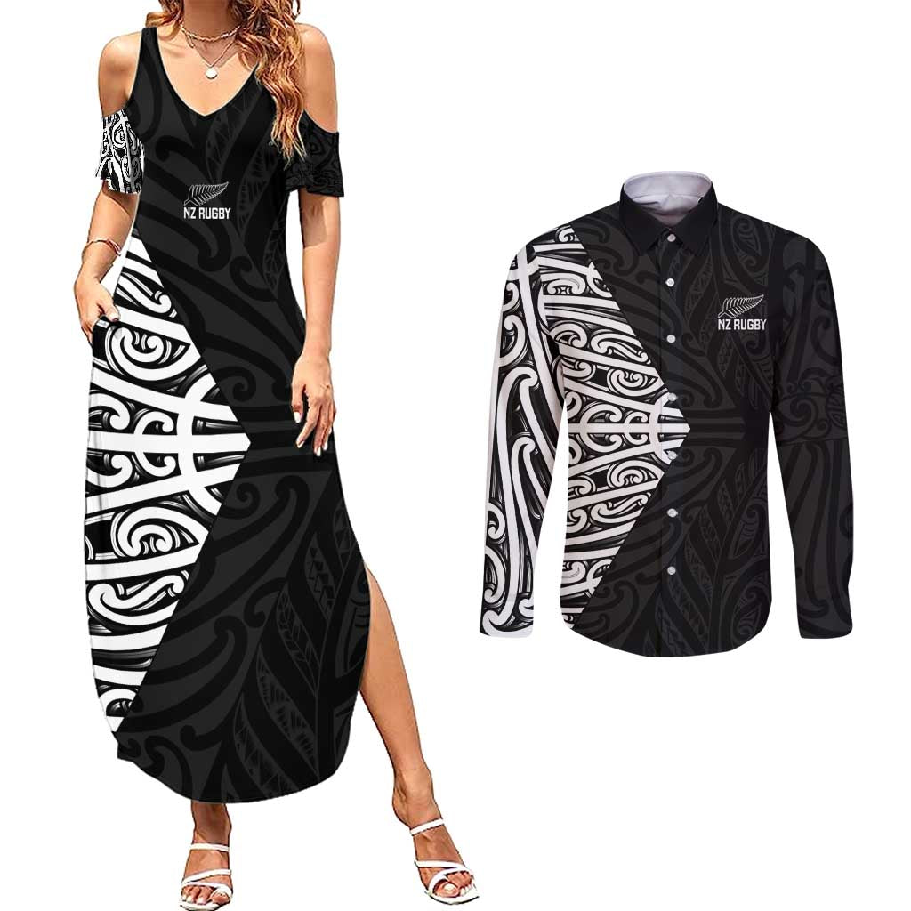 New Zealand Silver Fern Rugby Custom Couples Matching Summer Maxi Dress and Long Sleeve Button Shirt Maori Koru Go Black Fern - Aussie Hoodie