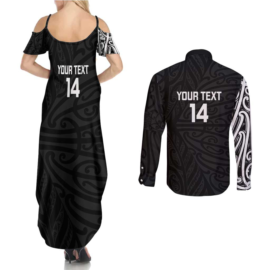 New Zealand Silver Fern Rugby Custom Couples Matching Summer Maxi Dress and Long Sleeve Button Shirt Maori Koru Go Black Fern - Aussie Hoodie