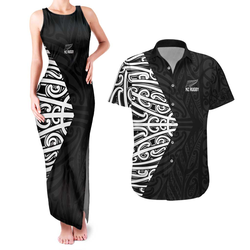 New Zealand Silver Fern Rugby Custom Couples Matching Tank Maxi Dress and Hawaiian Shirt Maori Koru Go Black Fern - Aussie Hoodie