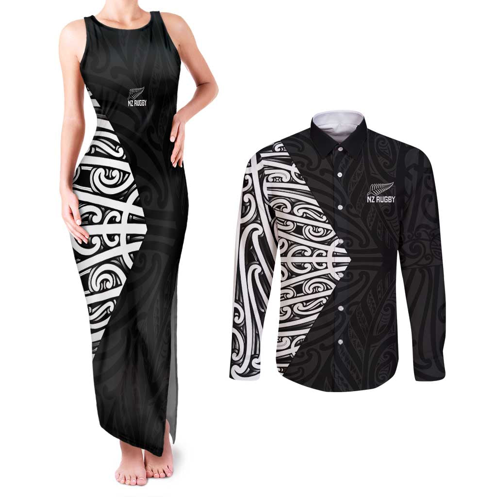 New Zealand Silver Fern Rugby Custom Couples Matching Tank Maxi Dress and Long Sleeve Button Shirt Maori Koru Go Black Fern - Aussie Hoodie