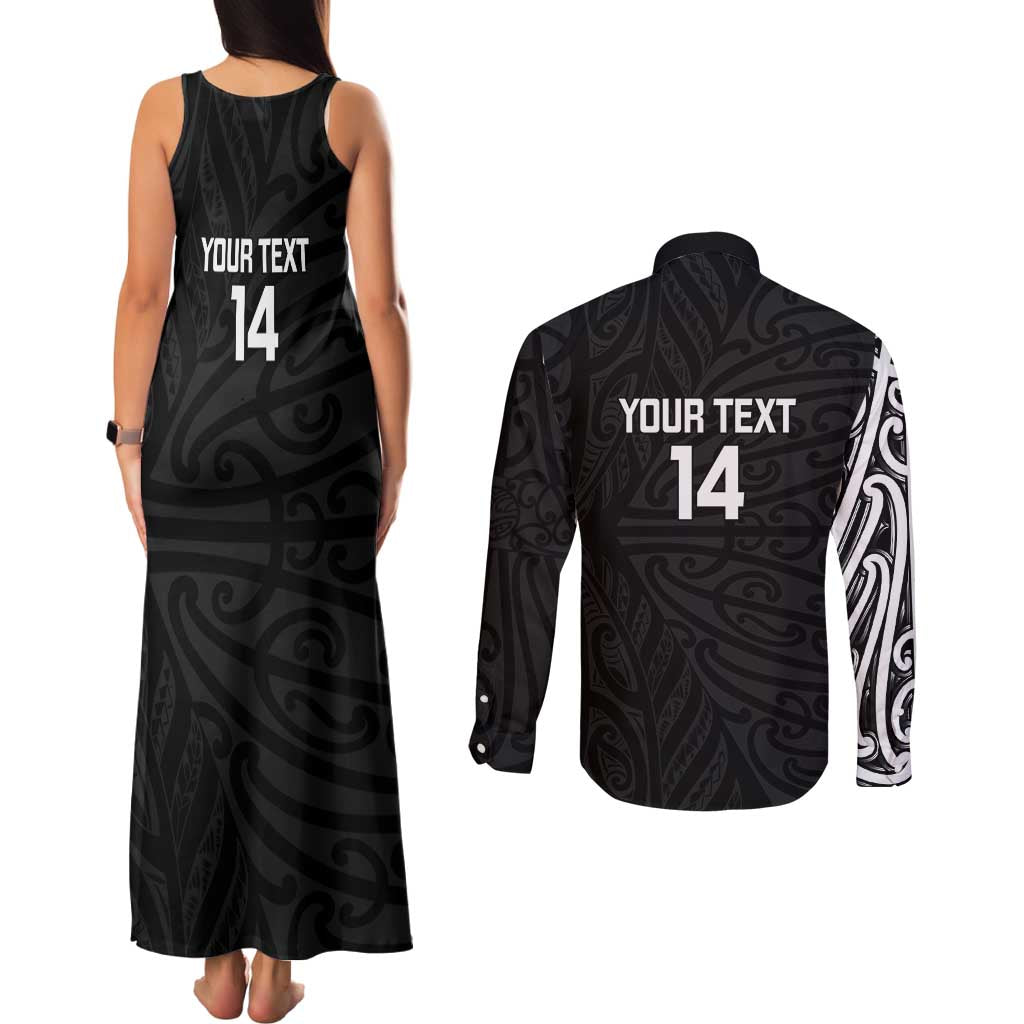 New Zealand Silver Fern Rugby Custom Couples Matching Tank Maxi Dress and Long Sleeve Button Shirt Maori Koru Go Black Fern - Aussie Hoodie