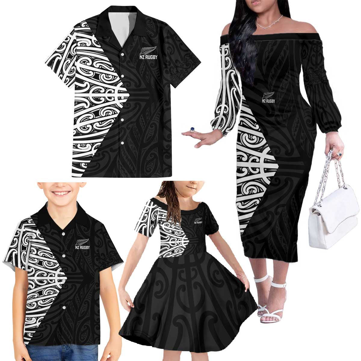 New Zealand Silver Fern Rugby Custom Family Matching Off The Shoulder Long Sleeve Dress and Hawaiian Shirt Maori Koru Go Black Fern - Aussie Hoodie