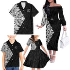 New Zealand Silver Fern Rugby Custom Family Matching Off The Shoulder Long Sleeve Dress and Hawaiian Shirt Maori Koru Go Black Fern - Aussie Hoodie