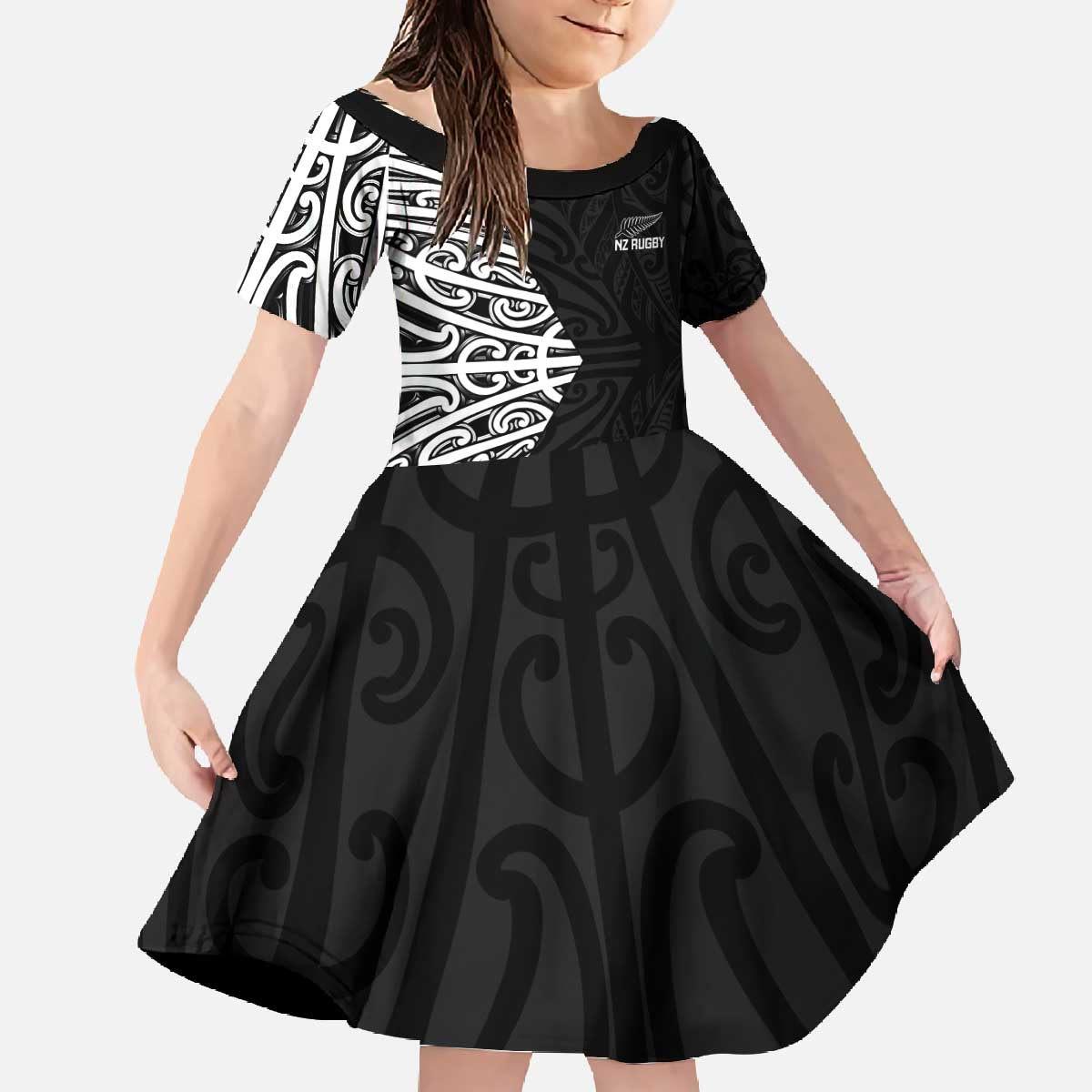 New Zealand Silver Fern Rugby Custom Family Matching Off The Shoulder Long Sleeve Dress and Hawaiian Shirt Maori Koru Go Black Fern - Aussie Hoodie