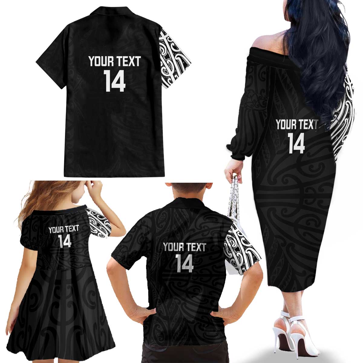 New Zealand Silver Fern Rugby Custom Family Matching Off The Shoulder Long Sleeve Dress and Hawaiian Shirt Maori Koru Go Black Fern - Aussie Hoodie