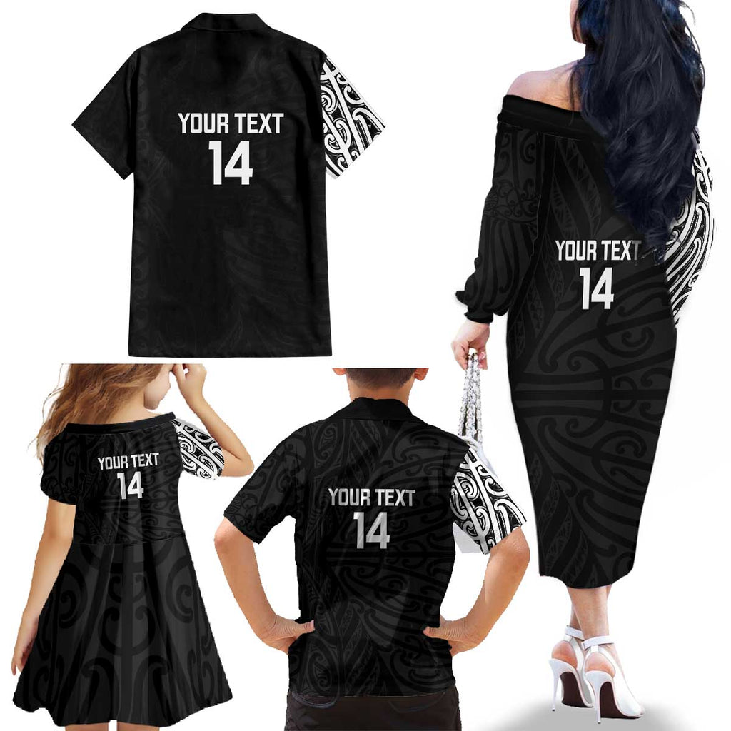 New Zealand Silver Fern Rugby Custom Family Matching Off The Shoulder Long Sleeve Dress and Hawaiian Shirt Maori Koru Go Black Fern - Aussie Hoodie