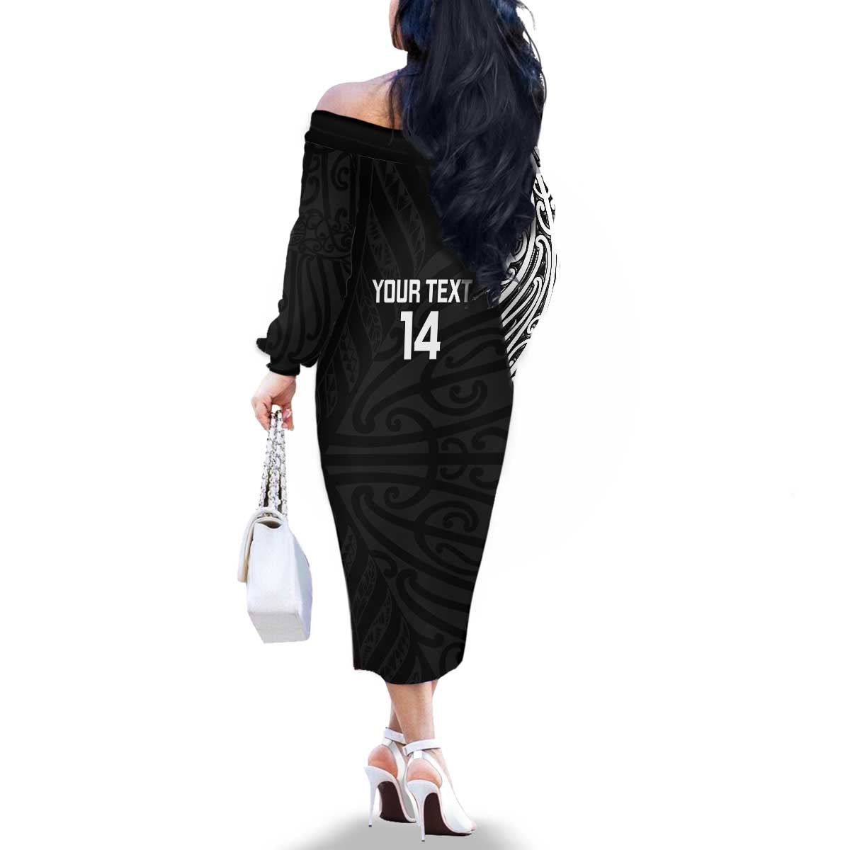 New Zealand Silver Fern Rugby Custom Family Matching Off The Shoulder Long Sleeve Dress and Hawaiian Shirt Maori Koru Go Black Fern - Aussie Hoodie