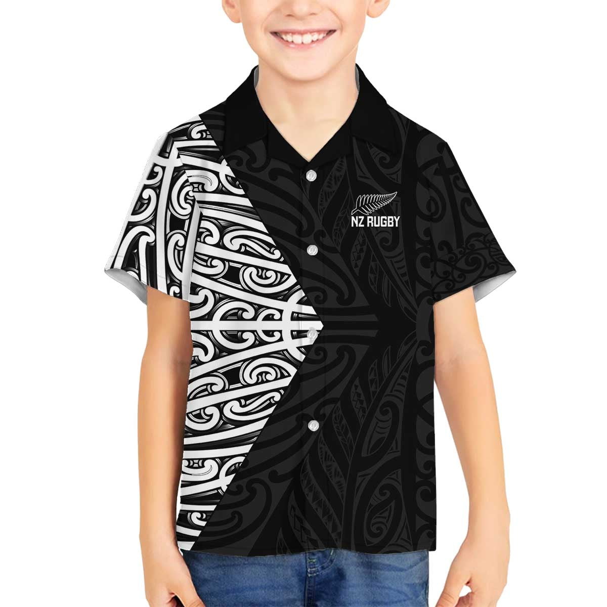 New Zealand Silver Fern Rugby Custom Family Matching Off The Shoulder Long Sleeve Dress and Hawaiian Shirt Maori Koru Go Black Fern - Aussie Hoodie