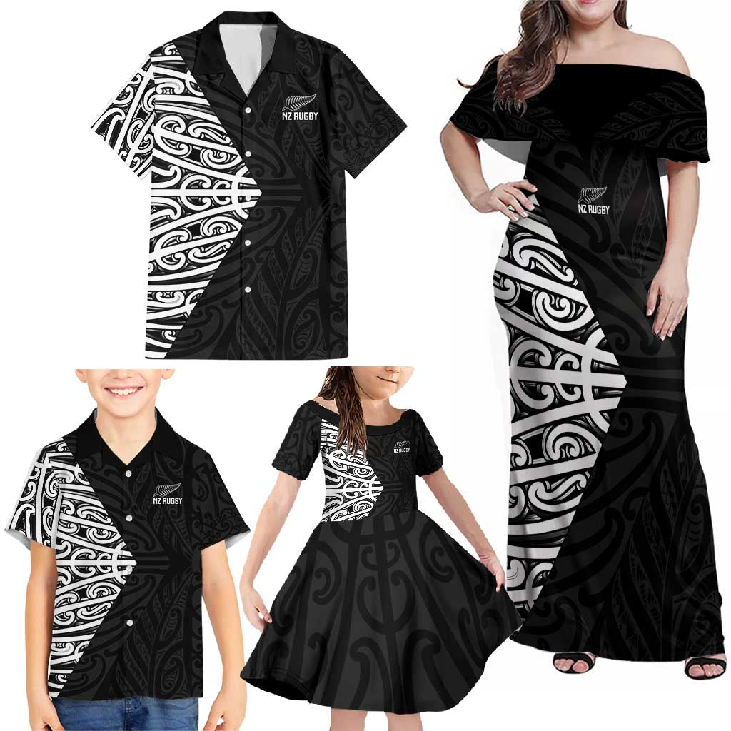 New Zealand Silver Fern Rugby Custom Family Matching Off Shoulder Maxi Dress and Hawaiian Shirt Maori Koru Go Black Fern - Aussie Hoodie