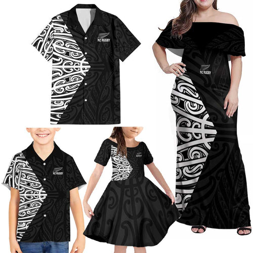 New Zealand Silver Fern Rugby Custom Family Matching Off Shoulder Maxi Dress and Hawaiian Shirt Maori Koru Go Black Fern - Aussie Hoodie
