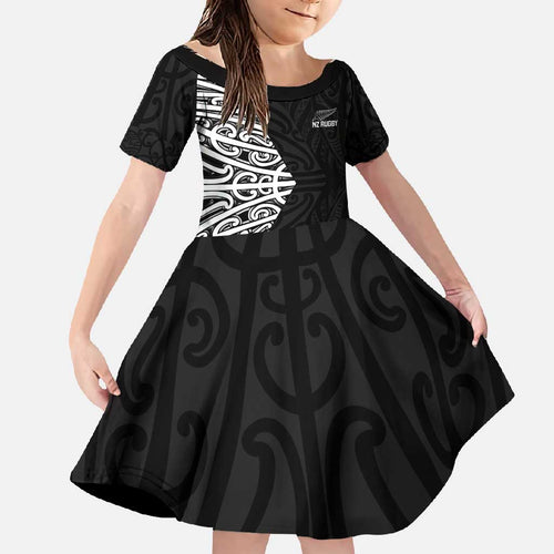 New Zealand Silver Fern Rugby Custom Family Matching Off Shoulder Maxi Dress and Hawaiian Shirt Maori Koru Go Black Fern - Aussie Hoodie