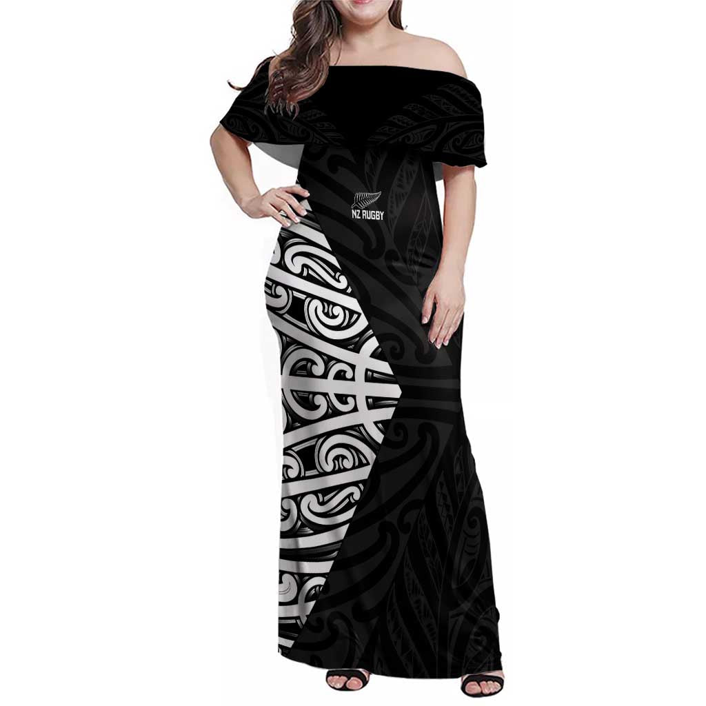 New Zealand Silver Fern Rugby Custom Family Matching Off Shoulder Maxi Dress and Hawaiian Shirt Maori Koru Go Black Fern - Aussie Hoodie