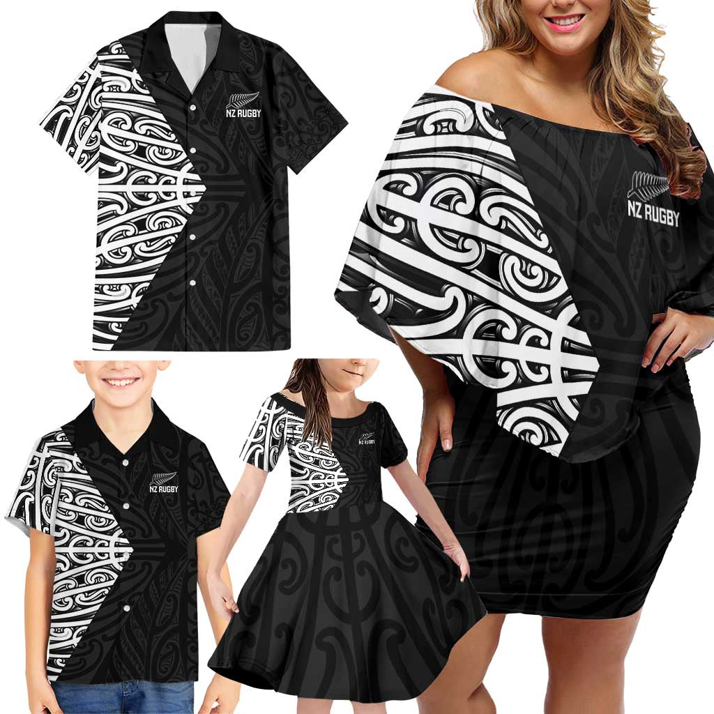 New Zealand Silver Fern Rugby Custom Family Matching Off Shoulder Short Dress and Hawaiian Shirt Maori Koru Go Black Fern - Aussie Hoodie