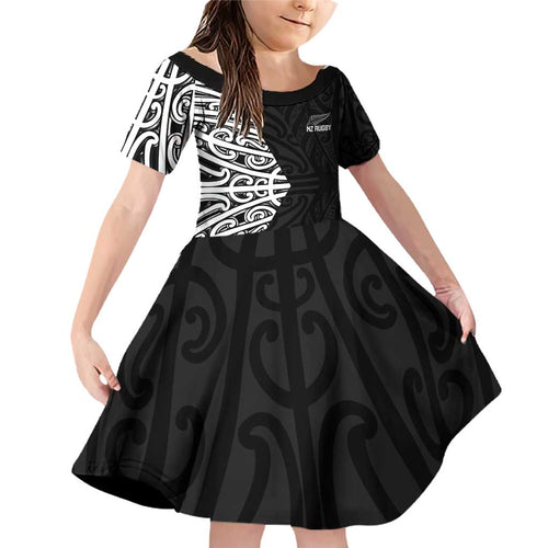 New Zealand Silver Fern Rugby Custom Family Matching Off Shoulder Short Dress and Hawaiian Shirt Maori Koru Go Black Fern - Aussie Hoodie
