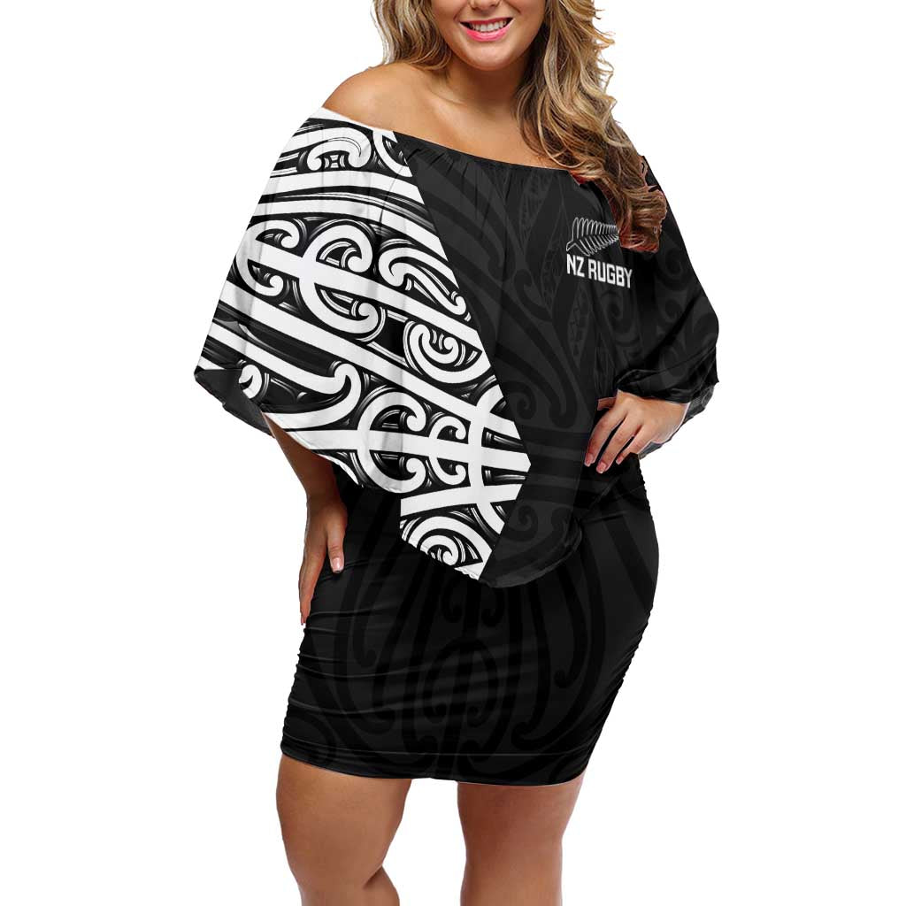 New Zealand Silver Fern Rugby Custom Family Matching Off Shoulder Short Dress and Hawaiian Shirt Maori Koru Go Black Fern - Aussie Hoodie
