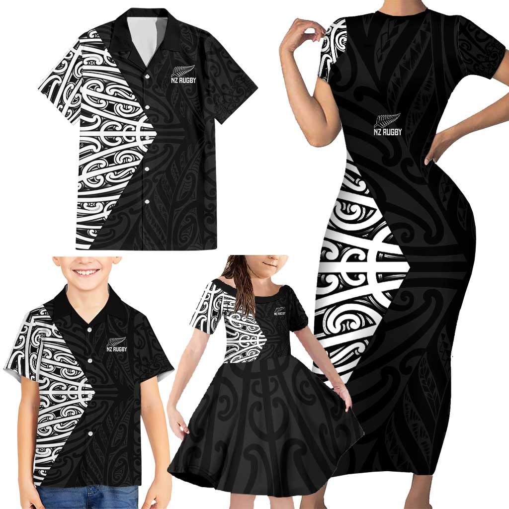 New Zealand Silver Fern Rugby Custom Family Matching Short Sleeve Bodycon Dress and Hawaiian Shirt Maori Koru Go Black Fern - Aussie Hoodie
