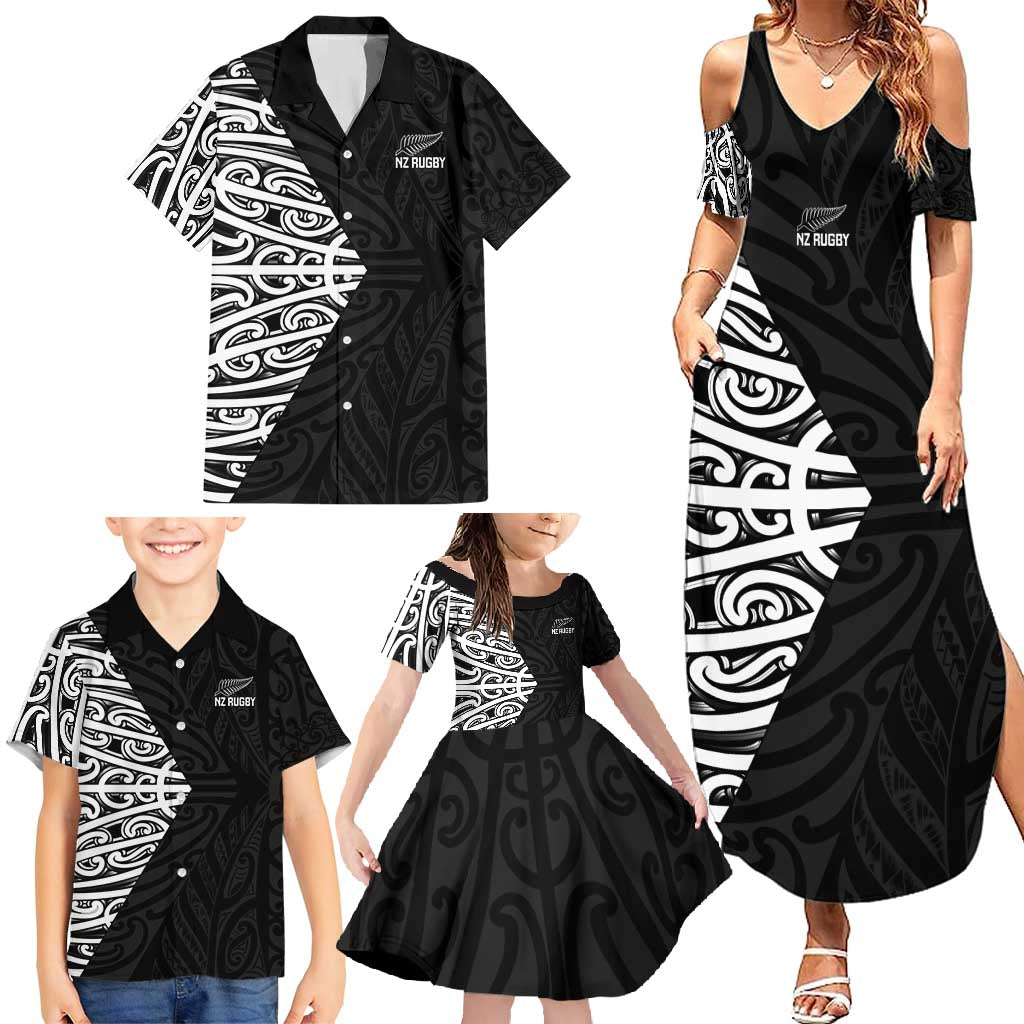 New Zealand Silver Fern Rugby Custom Family Matching Summer Maxi Dress and Hawaiian Shirt Maori Koru Go Black Fern - Aussie Hoodie