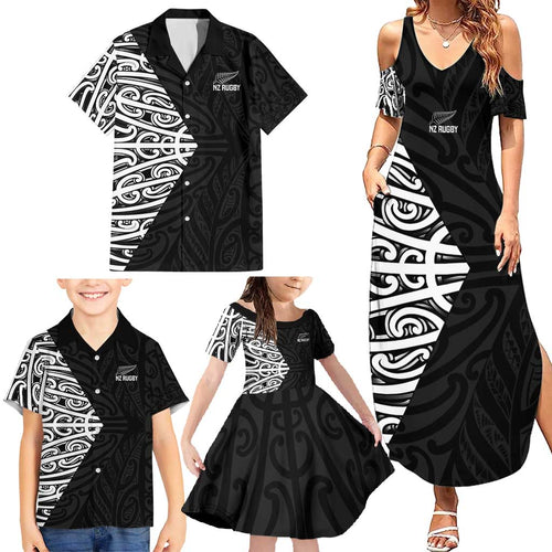 New Zealand Silver Fern Rugby Custom Family Matching Summer Maxi Dress and Hawaiian Shirt Maori Koru Go Black Fern - Aussie Hoodie