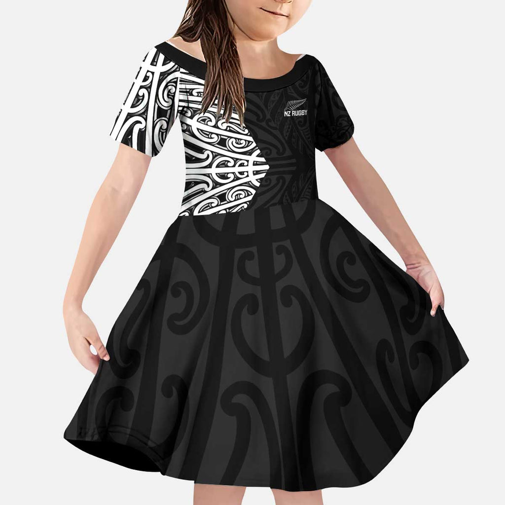 New Zealand Silver Fern Rugby Custom Kid Short Sleeve Dress Maori Koru Go Black Fern - Aussie Hoodie