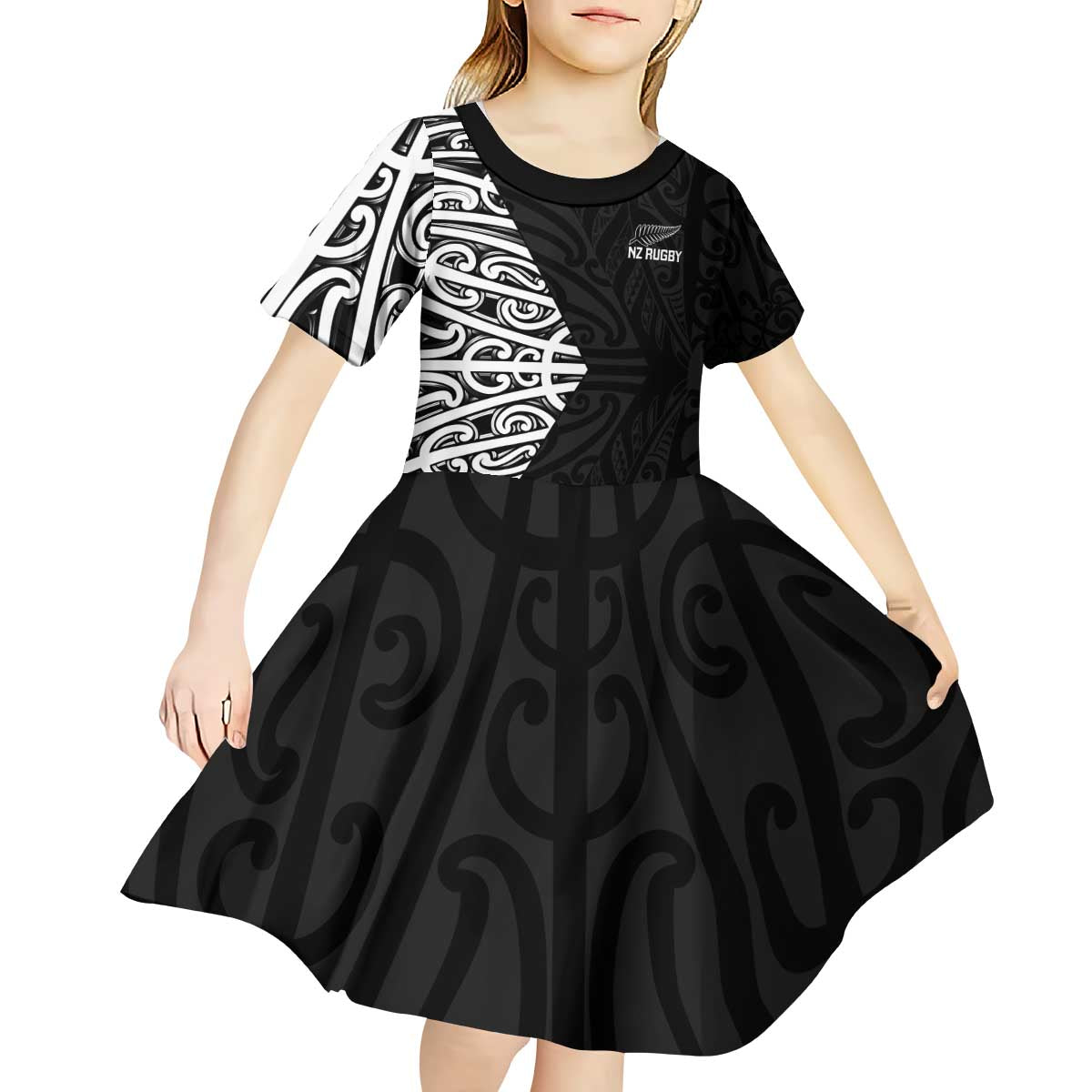 New Zealand Silver Fern Rugby Custom Kid Short Sleeve Dress Maori Koru Go Black Fern - Aussie Hoodie