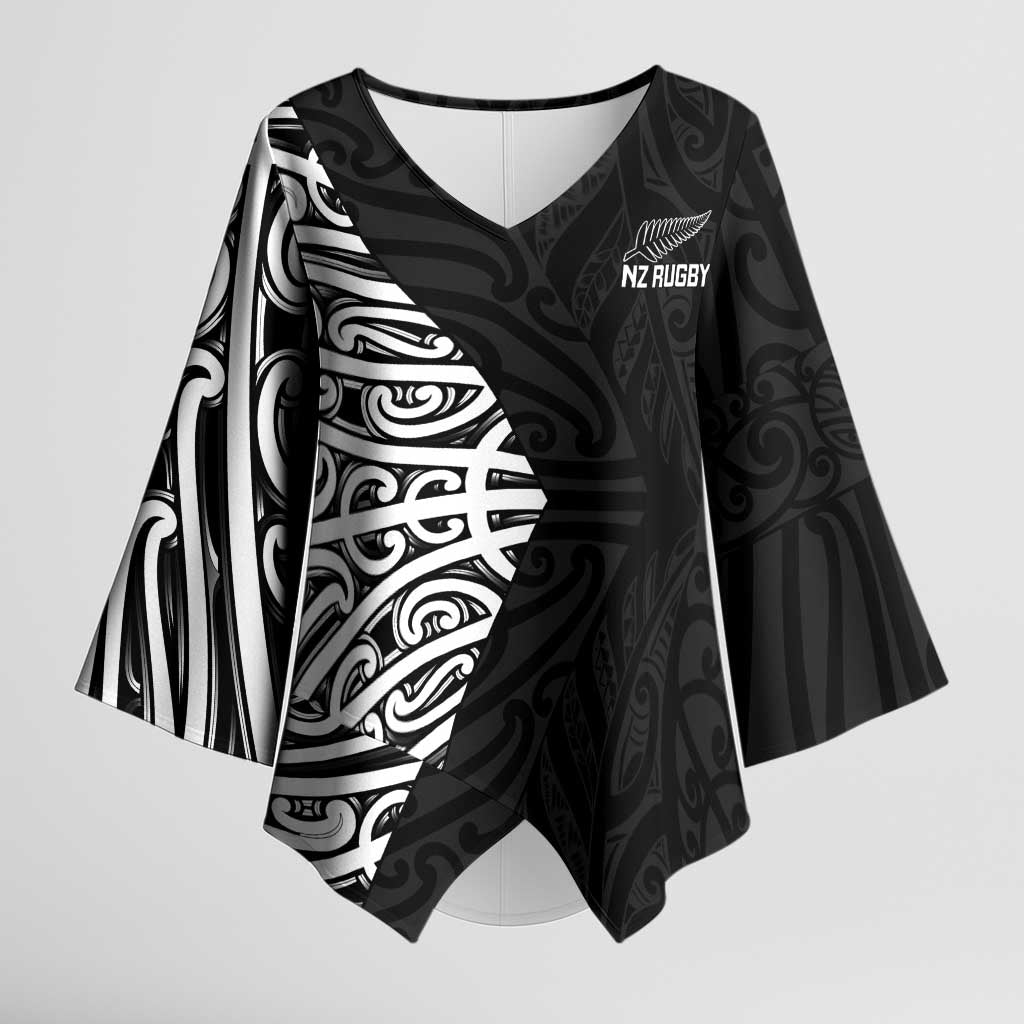 New Zealand Silver Fern Rugby Custom Kimono Sleeve Blouse Maori Koru Go Black Fern - Aussie Hoodie