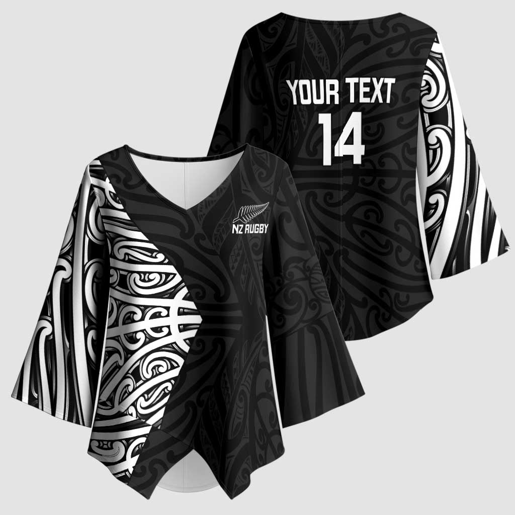 New Zealand Silver Fern Rugby Custom Kimono Sleeve Blouse Maori Koru Go Black Fern - Aussie Hoodie