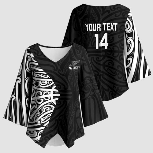 New Zealand Silver Fern Rugby Custom Kimono Sleeve Blouse Maori Koru Go Black Fern - Aussie Hoodie