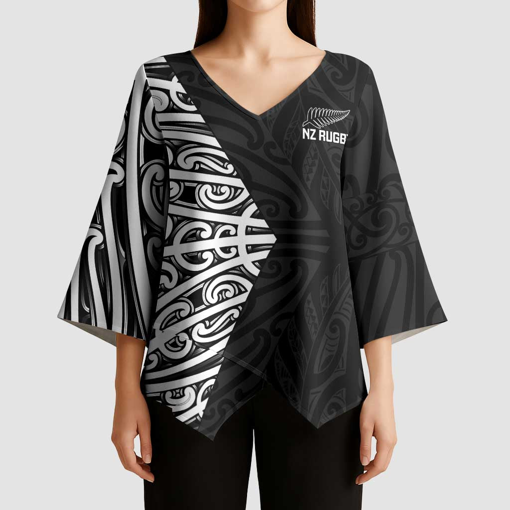 New Zealand Silver Fern Rugby Custom Kimono Sleeve Blouse Maori Koru Go Black Fern - Aussie Hoodie