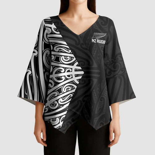 New Zealand Silver Fern Rugby Custom Kimono Sleeve Blouse Maori Koru Go Black Fern - Aussie Hoodie
