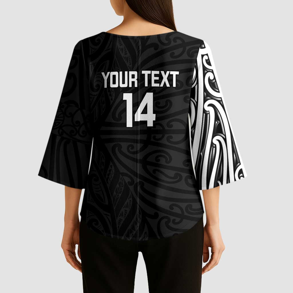 New Zealand Silver Fern Rugby Custom Kimono Sleeve Blouse Maori Koru Go Black Fern - Aussie Hoodie
