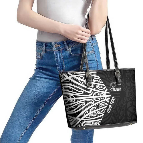 New Zealand Silver Fern Rugby Custom Leather Tote Bag Maori Koru Go Black Fern - Aussie Hoodie