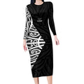 New Zealand Silver Fern Rugby Custom Long Sleeve Bodycon Dress Maori Koru Go Black Fern - Aussie Hoodie