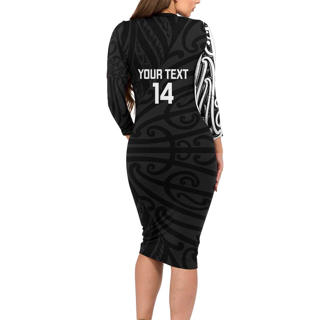 New Zealand Silver Fern Rugby Custom Long Sleeve Bodycon Dress Maori Koru Go Black Fern - Aussie Hoodie