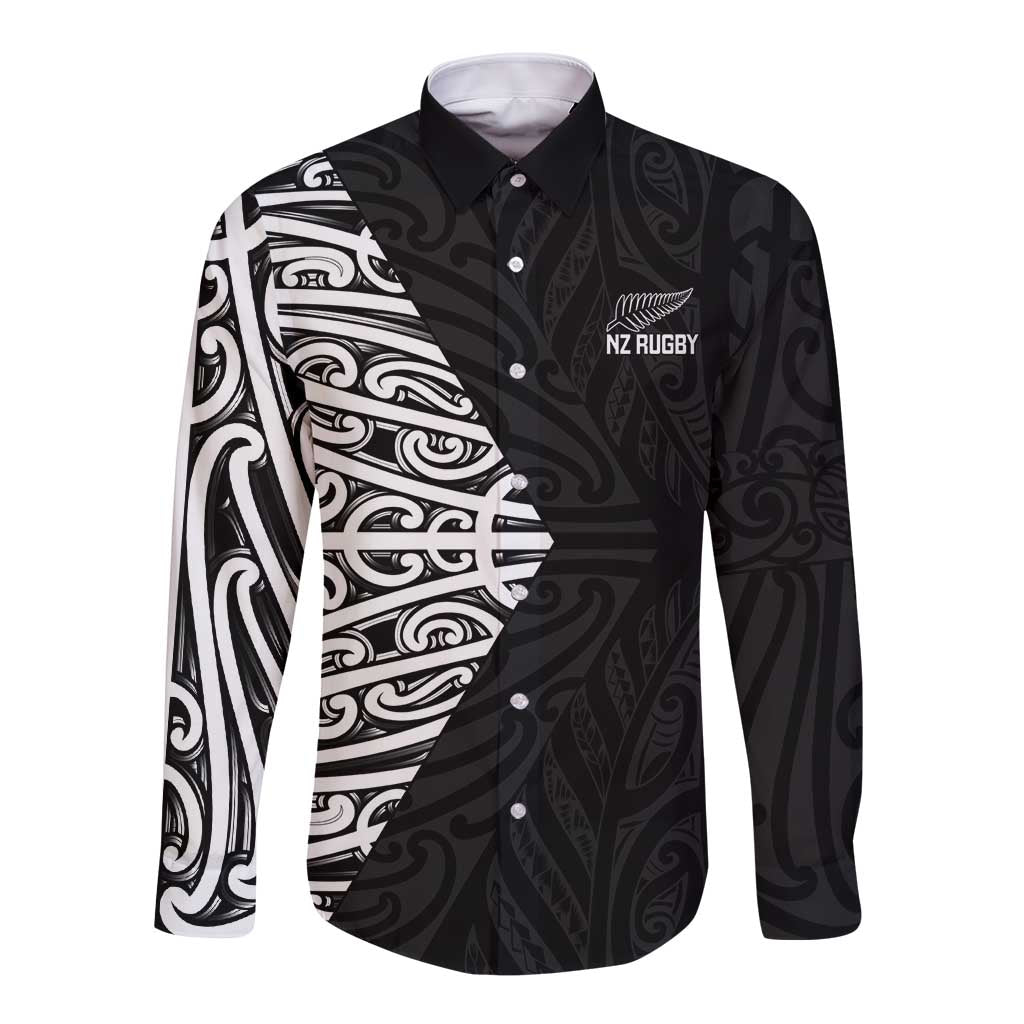 New Zealand Silver Fern Rugby Custom Long Sleeve Button Shirt Maori Koru Go Black Fern - Aussie Hoodie