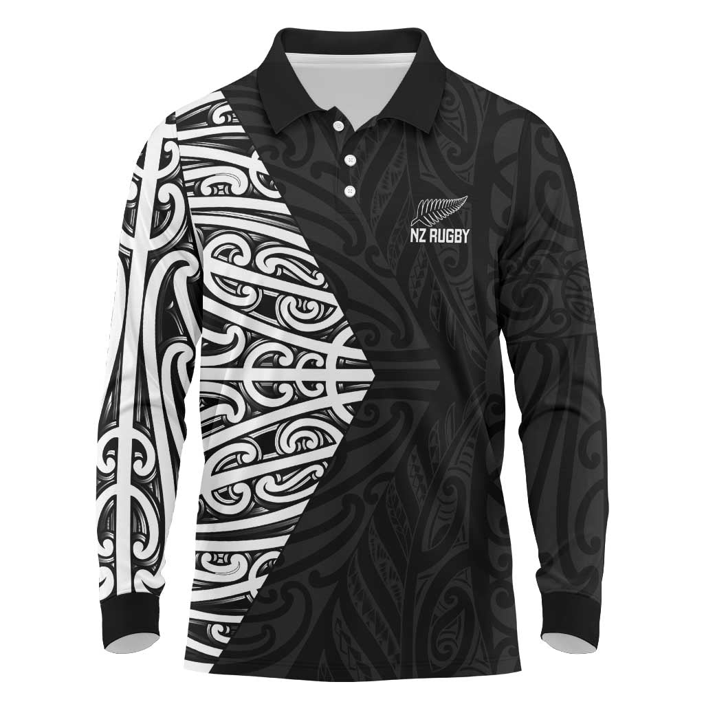New Zealand Silver Fern Rugby Custom Long Sleeve Polo Shirt Maori Koru Go Black Fern - Aussie Hoodie