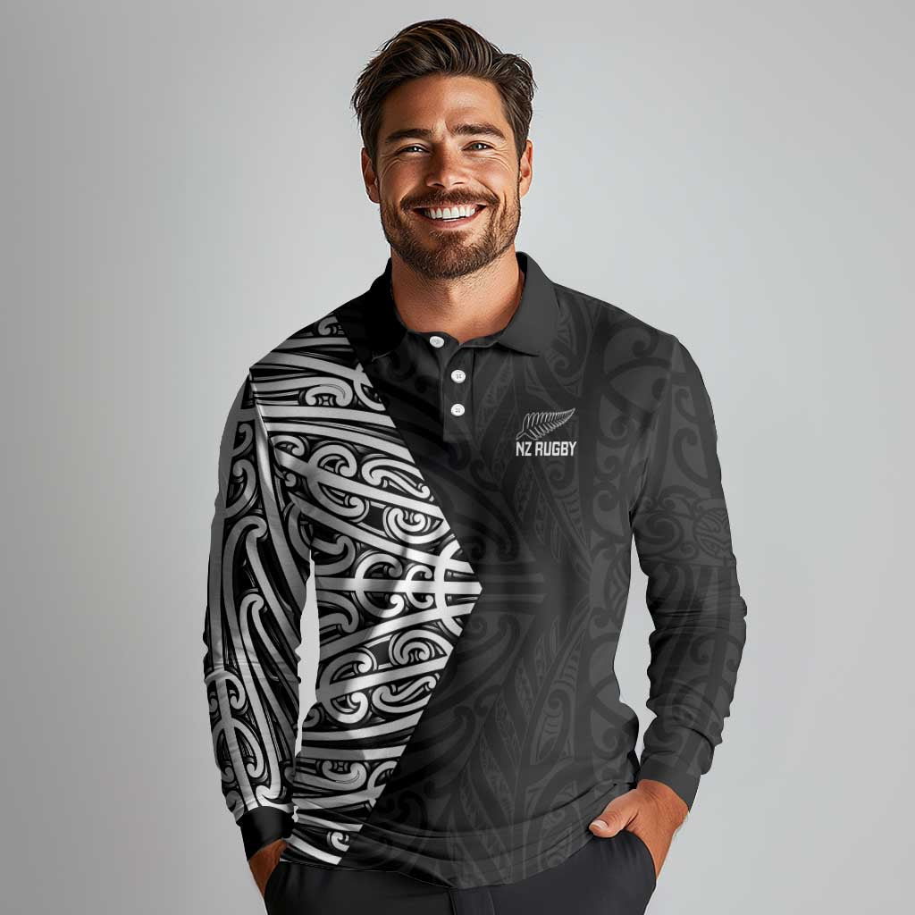 New Zealand Silver Fern Rugby Custom Long Sleeve Polo Shirt Maori Koru Go Black Fern - Aussie Hoodie