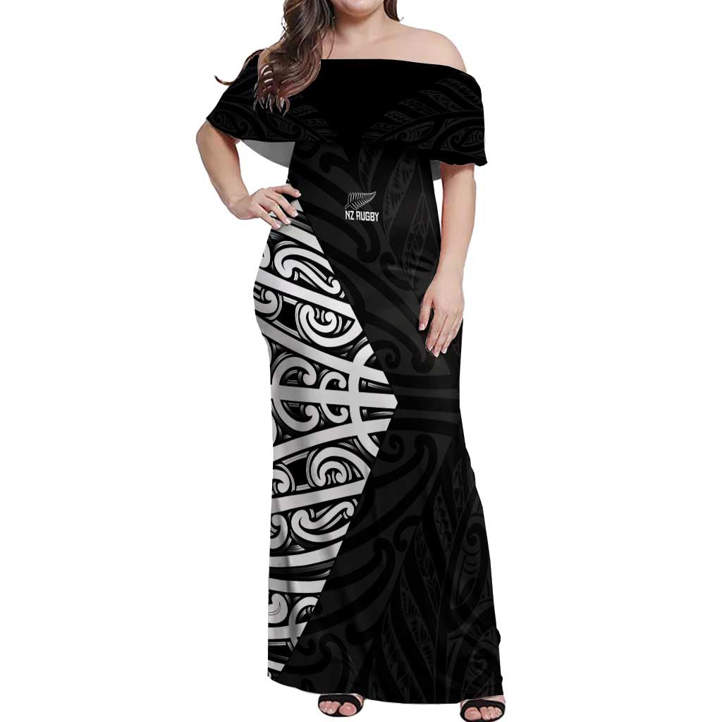 New Zealand Silver Fern Rugby Custom Off Shoulder Maxi Dress Maori Koru Go Black Fern - Aussie Hoodie