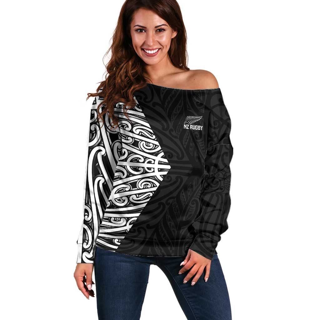 New Zealand Silver Fern Rugby Custom Off Shoulder Sweater Maori Koru Go Black Fern - Aussie Hoodie