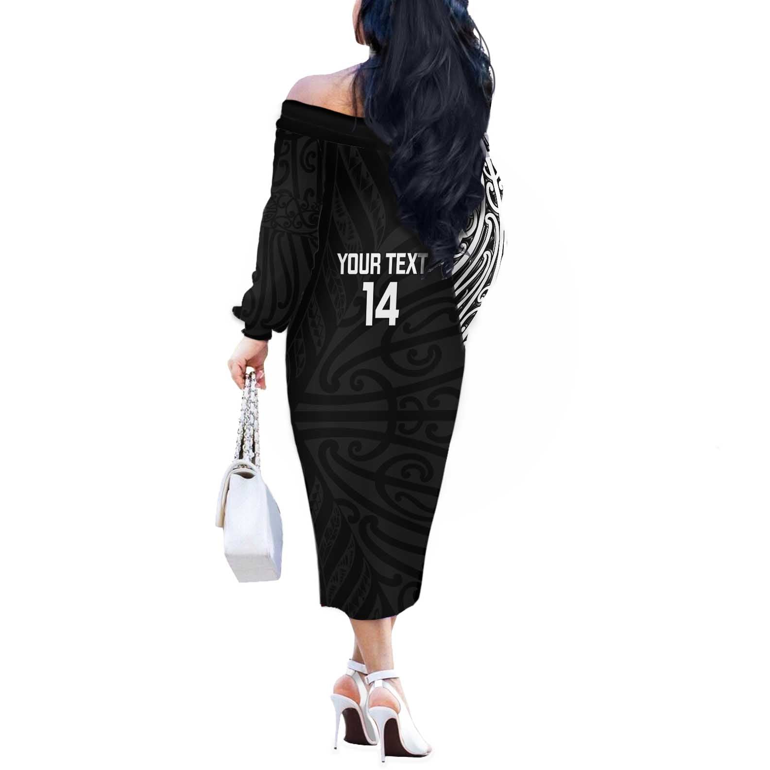 New Zealand Silver Fern Rugby Custom Off The Shoulder Long Sleeve Dress Maori Koru Go Black Fern - Aussie Hoodie