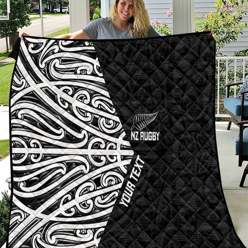 New Zealand Silver Fern Rugby Custom Quilt Maori Koru Go Black Fern - Aussie Hoodie