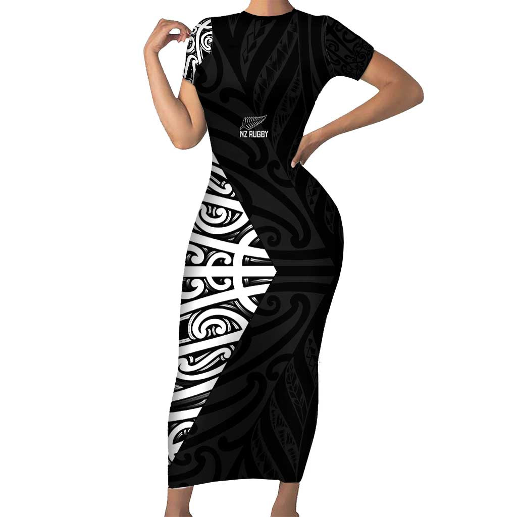 New Zealand Silver Fern Rugby Custom Short Sleeve Bodycon Dress Maori Koru Go Black Fern - Aussie Hoodie