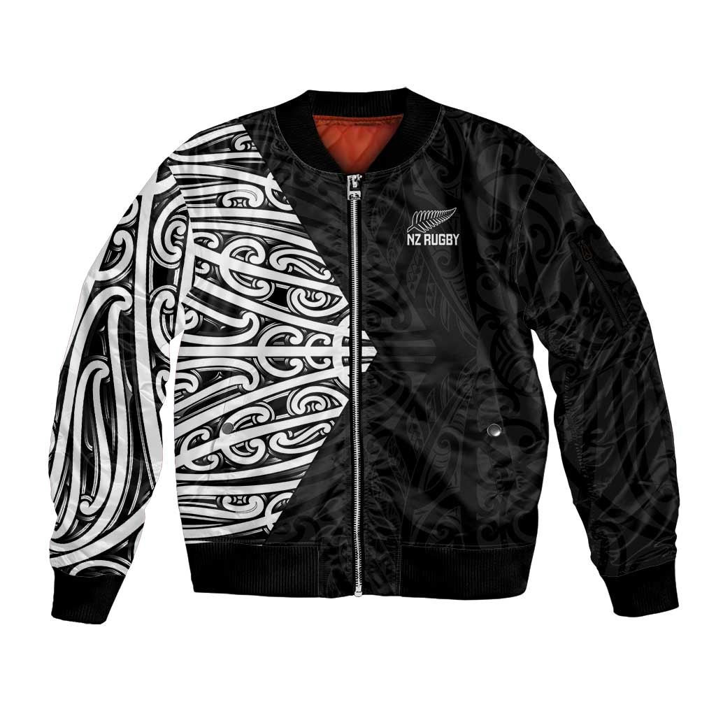New Zealand Silver Fern Rugby Custom Sleeve Zip Bomber Jacket Maori Koru Go Black Fern - Aussie Hoodie