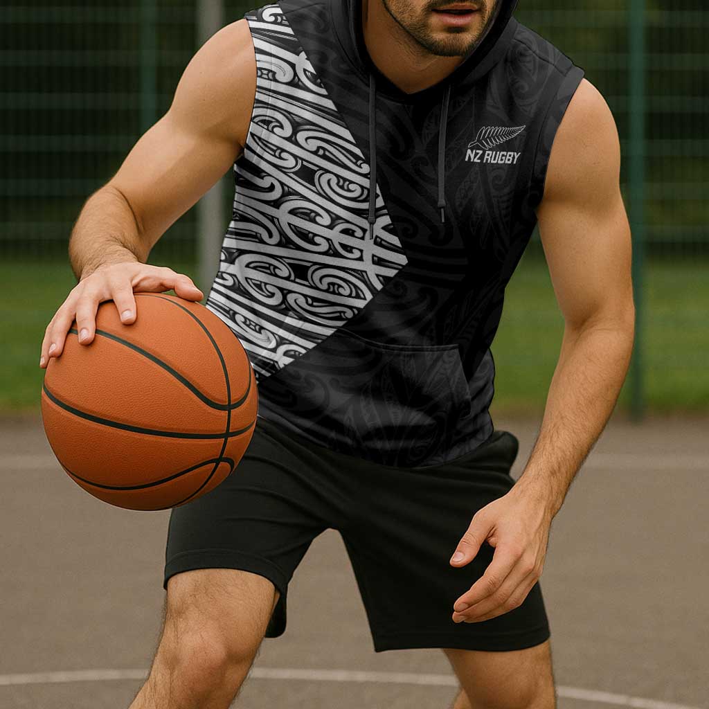 New Zealand Silver Fern Rugby Custom Sleeveless Hoodie Maori Koru Go Black Fern - Aussie Hoodie