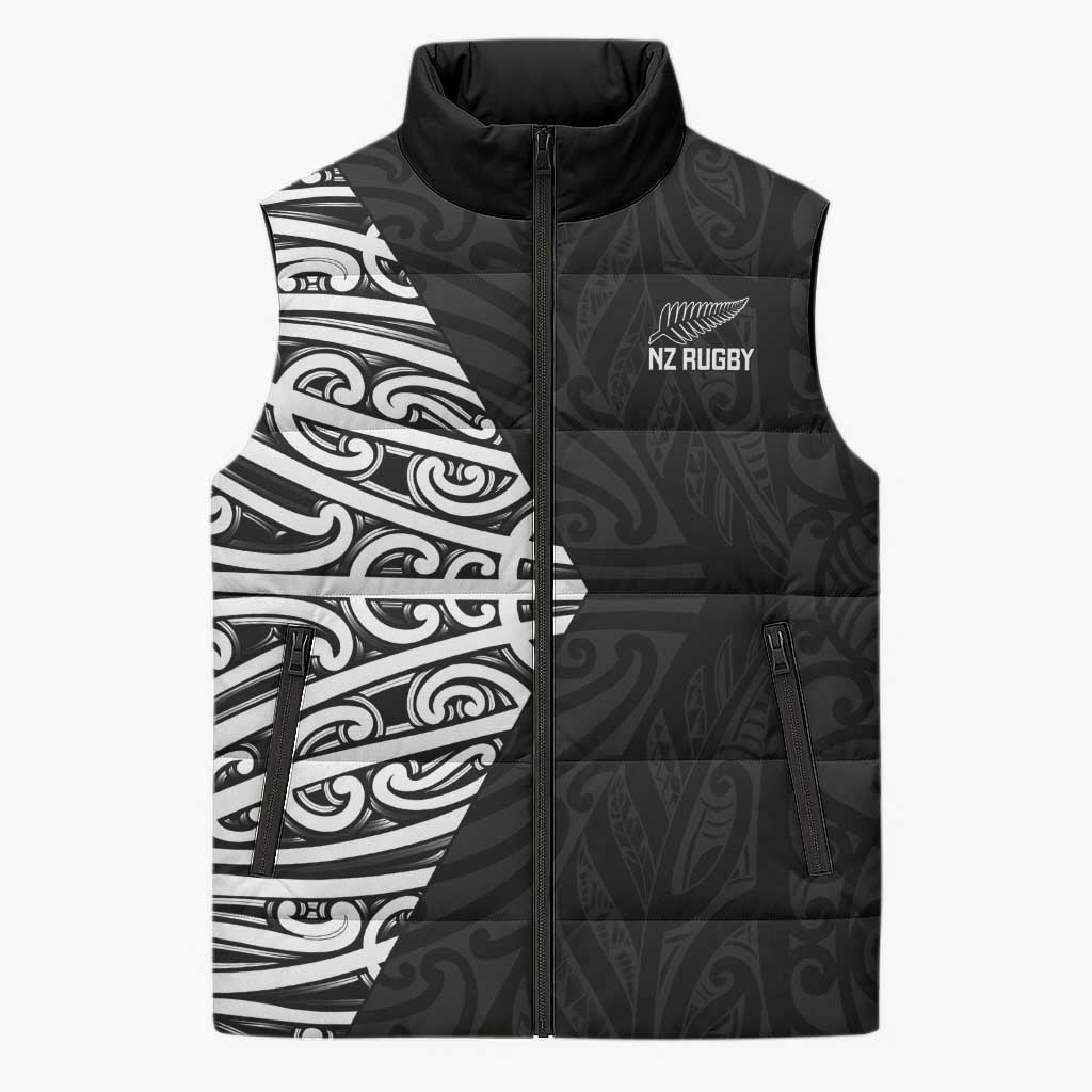 New Zealand Silver Fern Rugby Custom Sleeveless Puffer Jacket Maori Koru Go Black Fern - Aussie Hoodie