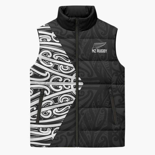 New Zealand Silver Fern Rugby Custom Sleeveless Puffer Jacket Maori Koru Go Black Fern - Aussie Hoodie