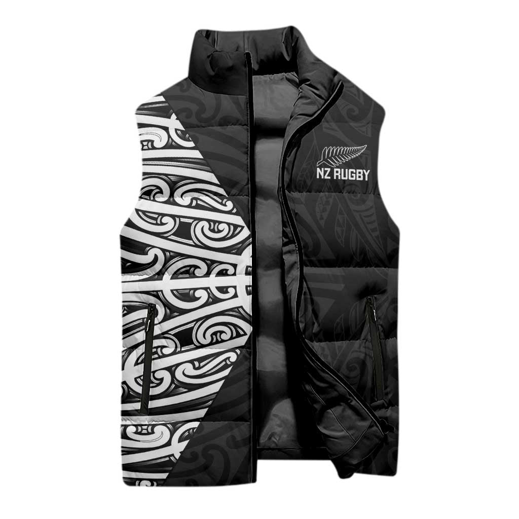 New Zealand Silver Fern Rugby Custom Sleeveless Puffer Jacket Maori Koru Go Black Fern - Aussie Hoodie