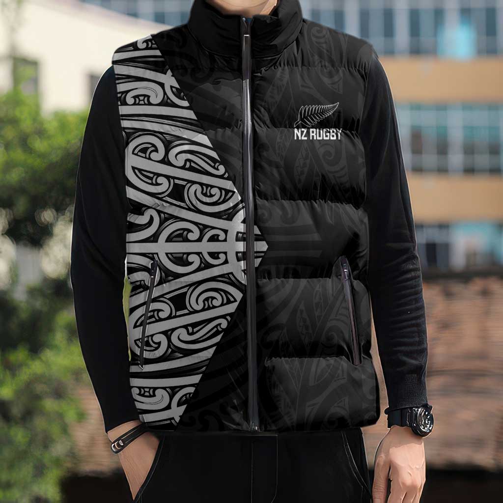 New Zealand Silver Fern Rugby Custom Sleeveless Puffer Jacket Maori Koru Go Black Fern - Aussie Hoodie