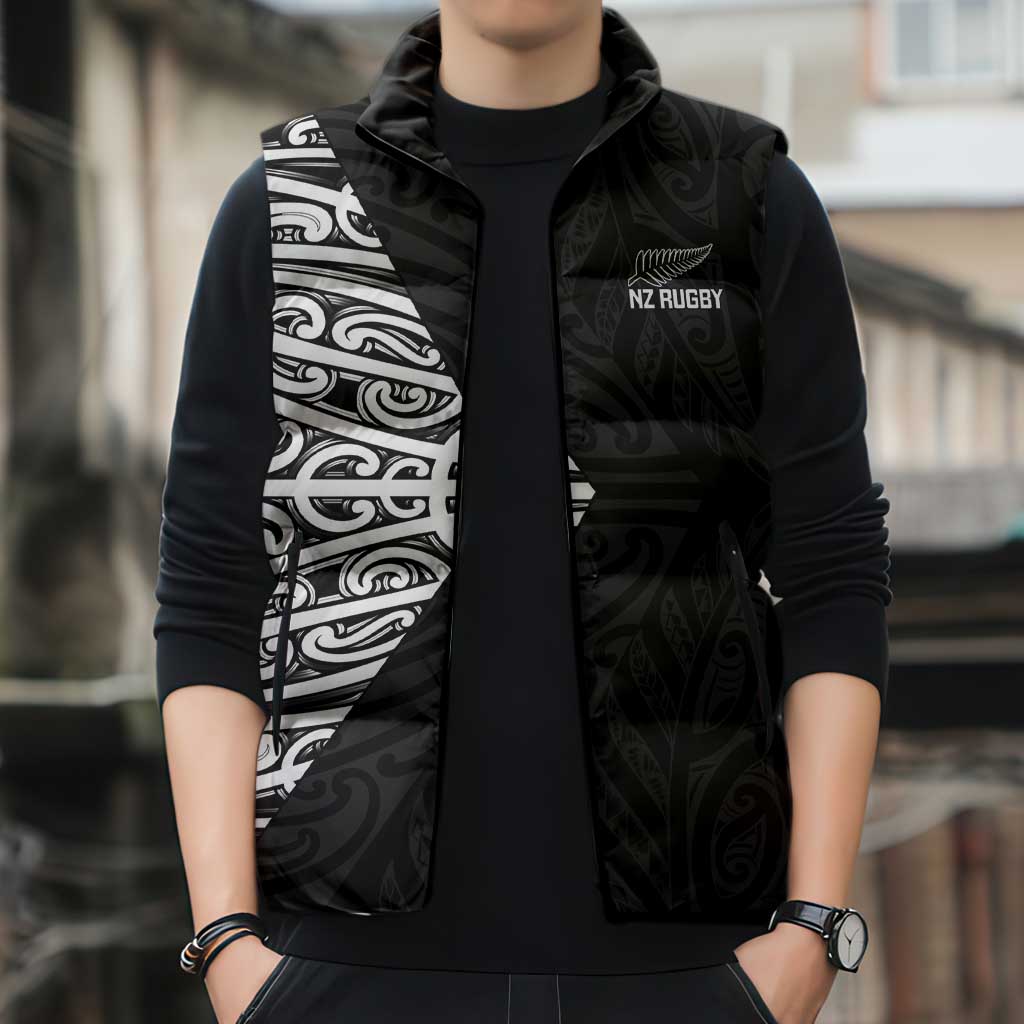 New Zealand Silver Fern Rugby Custom Sleeveless Puffer Jacket Maori Koru Go Black Fern - Aussie Hoodie
